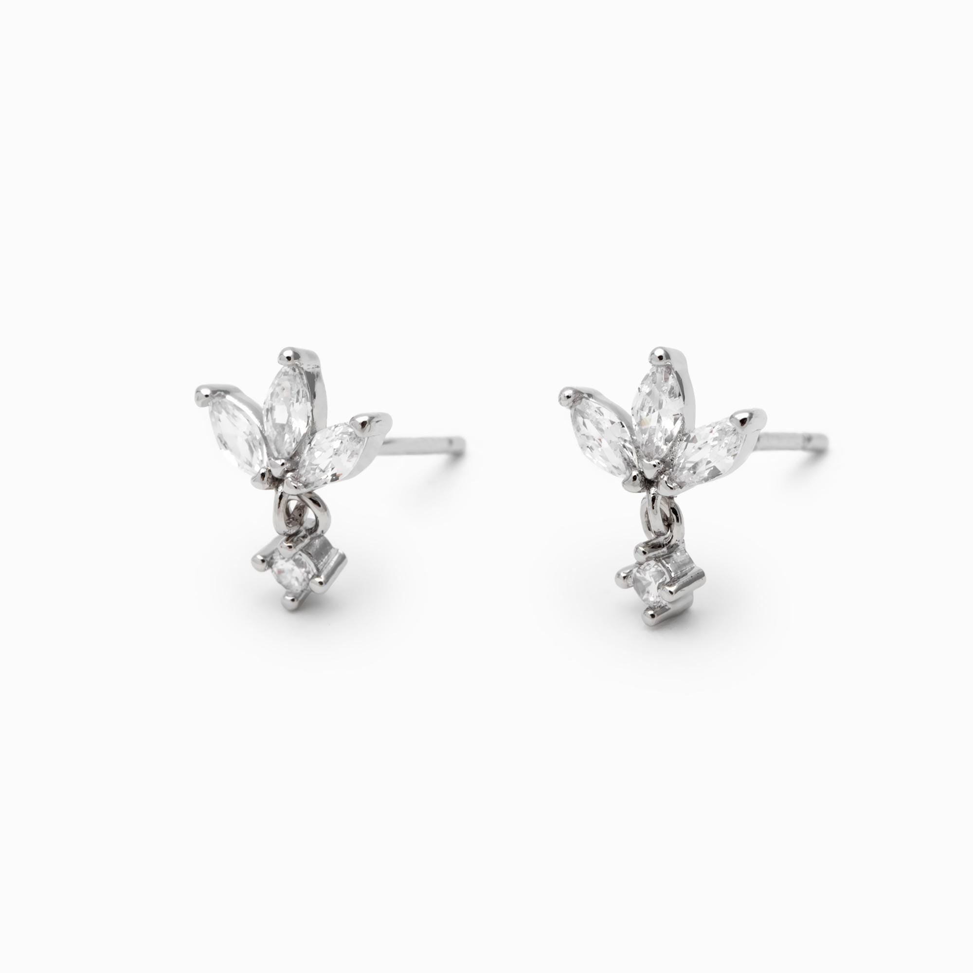 10pcs CZ Pave Gold/ Silver Leaf Earring Posts, Flower Earring, Gold/ Rhodium Plated Brass, Jewelry Supplies (GB-3395-G)